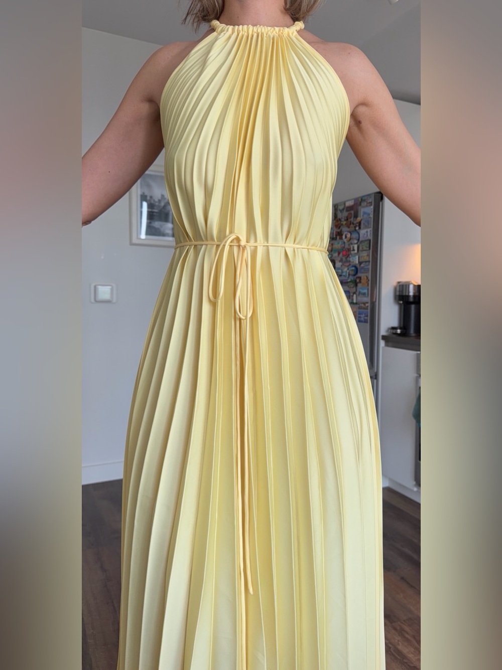 Mango Pale Yellow Pleated Maxi Dress with Waist Tie